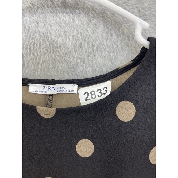 ZARA Women's Blouse Short Sleeve Polka Dot Peplum Black Brown Size Medium - Picture 8 of 8
